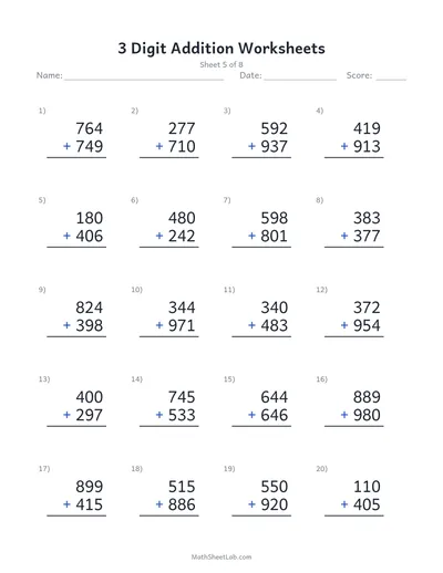 3 digit addition worksheets — Sheet 5