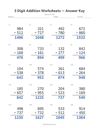 3 digit addition worksheets — Sheet 6 answers