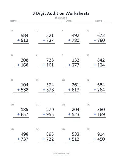 3 digit addition worksheets — Sheet 6