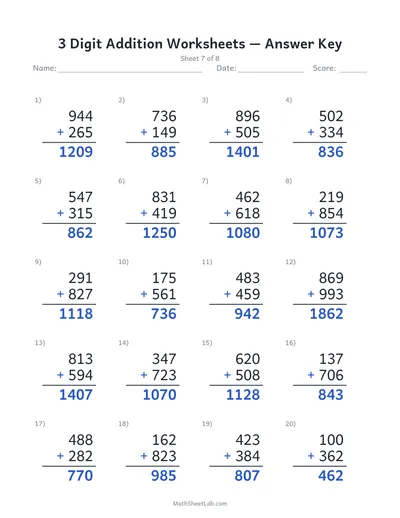 3 digit addition worksheets — Sheet 7 answers