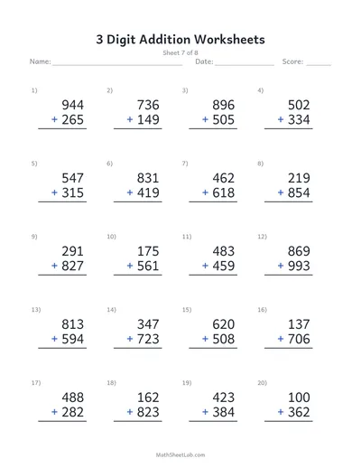 3 digit addition worksheets — Sheet 7