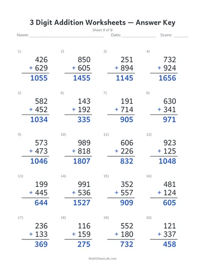 3 digit addition worksheets — Sheet 8 answers