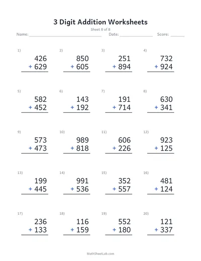 3 digit addition worksheets — Sheet 8