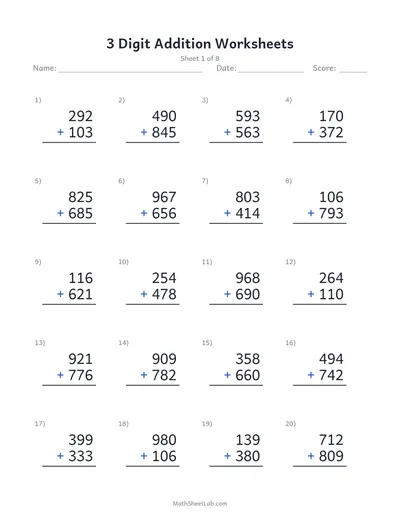 3 digit addition worksheets — Sheet 1