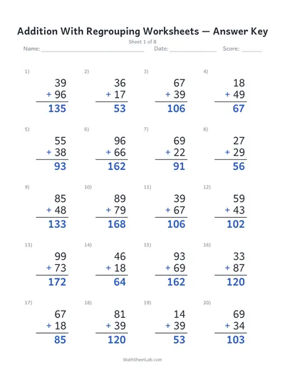 Addition with regrouping worksheets — Sheet 1 answers