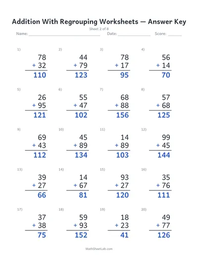 Addition with regrouping worksheets — Sheet 2 answers