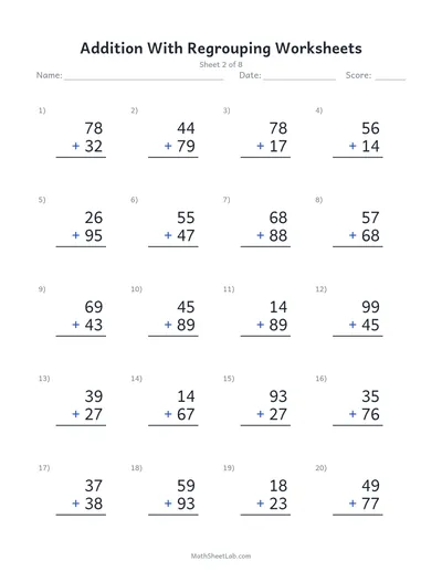 Addition with regrouping worksheets — Sheet 2