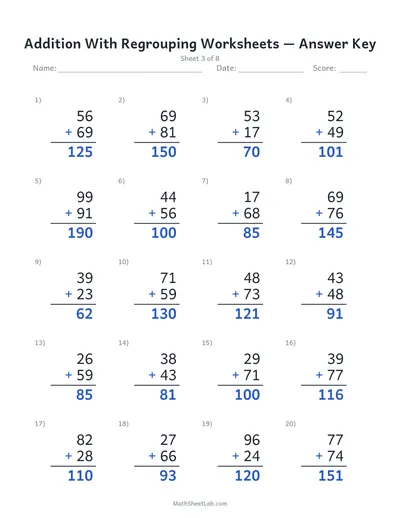 Addition with regrouping worksheets — Sheet 3 answers