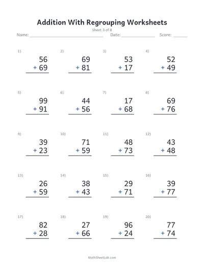 Addition with regrouping worksheets — Sheet 3