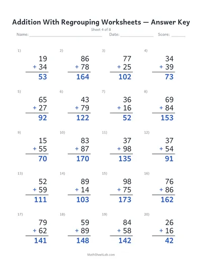Addition with regrouping worksheets — Sheet 4 answers
