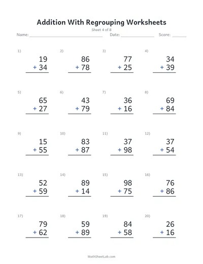 Addition with regrouping worksheets — Sheet 4