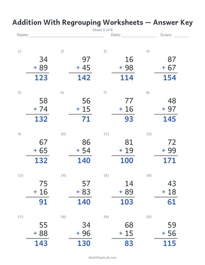 Addition with regrouping worksheets — Sheet 5 answers