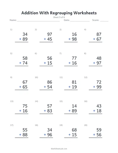 Addition with regrouping worksheets — Sheet 5
