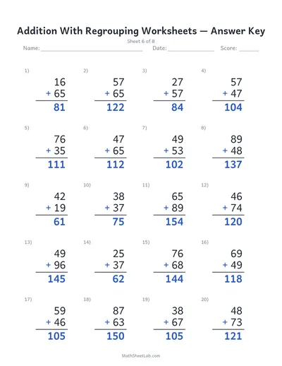 Addition with regrouping worksheets — Sheet 6 answers