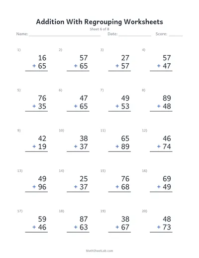 Addition with regrouping worksheets — Sheet 6