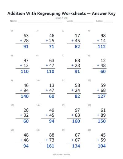Addition with regrouping worksheets — Sheet 7 answers