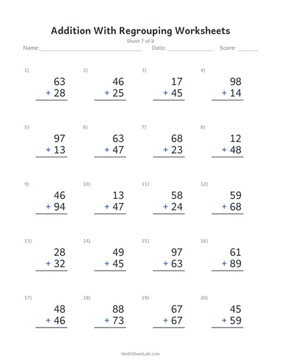 Addition with regrouping worksheets — Sheet 7