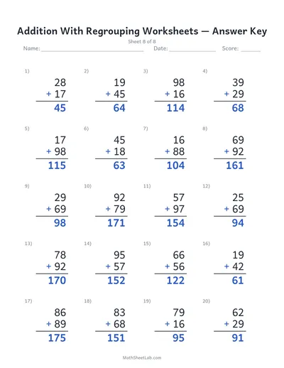 Addition with regrouping worksheets — Sheet 8 answers