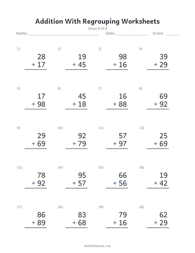 Addition with regrouping worksheets — Sheet 8