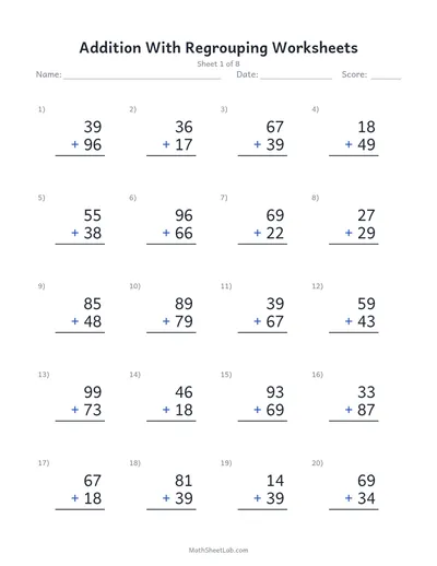 Addition with regrouping worksheets — Sheet 1