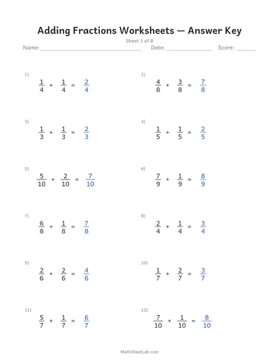 Adding fractions worksheets — Sheet 1 answers