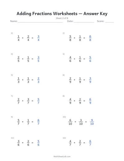 Adding fractions worksheets — Sheet 2 answers