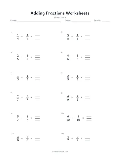 Adding fractions worksheets — Sheet 2