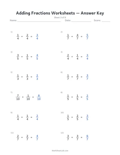 Adding fractions worksheets — Sheet 3 answers