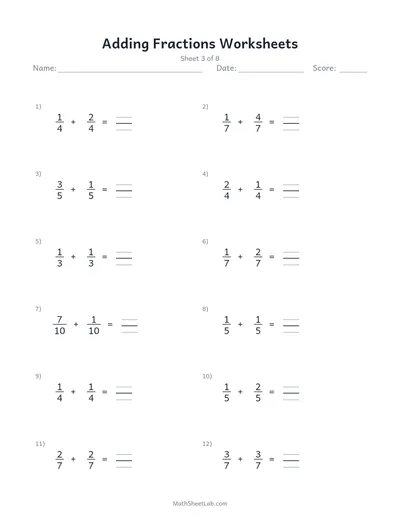 Adding fractions worksheets — Sheet 3