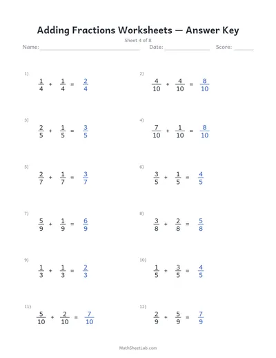Adding fractions worksheets — Sheet 4 answers