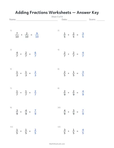 Adding fractions worksheets — Sheet 5 answers