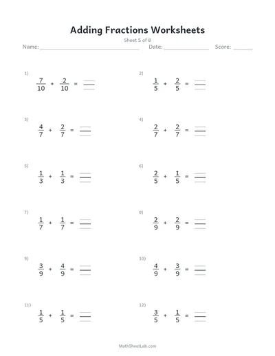 Adding fractions worksheets — Sheet 5