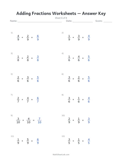 Adding fractions worksheets — Sheet 6 answers