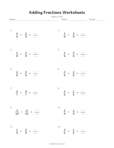 Adding fractions worksheets — Sheet 6