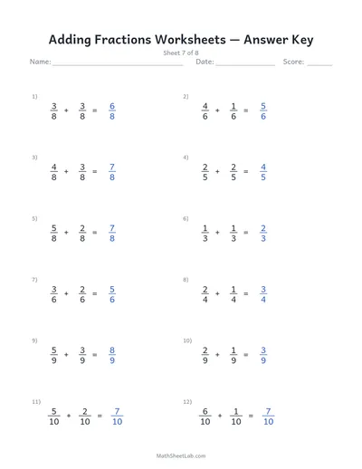 Adding fractions worksheets — Sheet 7 answers