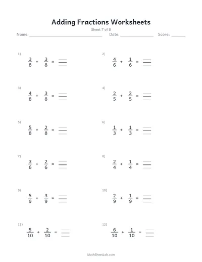 Adding fractions worksheets — Sheet 7