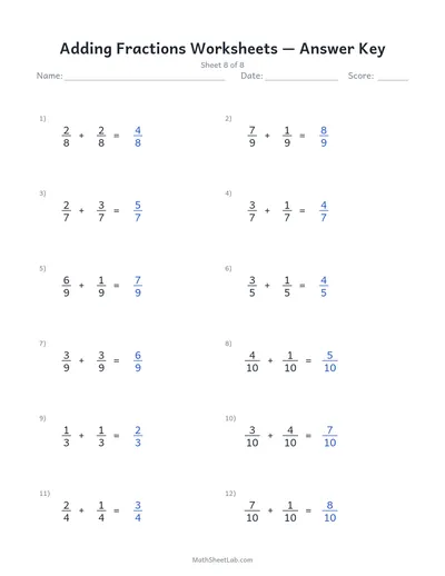 Adding fractions worksheets — Sheet 8 answers