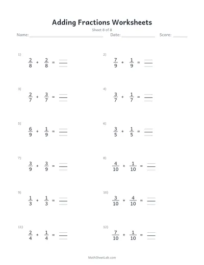 Adding fractions worksheets — Sheet 8