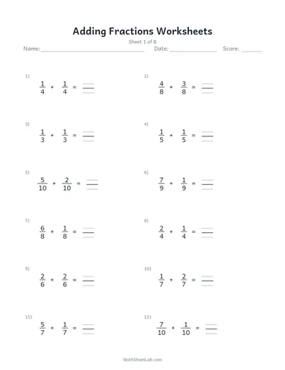 Adding fractions worksheets — Sheet 1