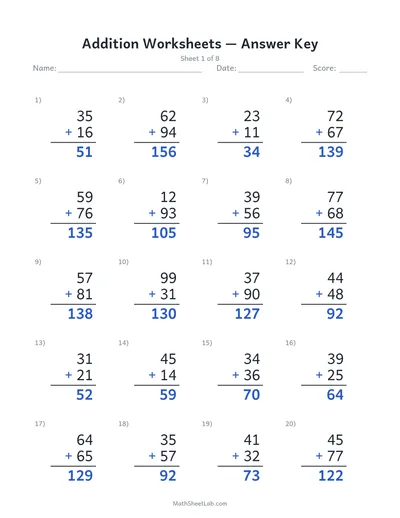Addition worksheets — Sheet 1 answers