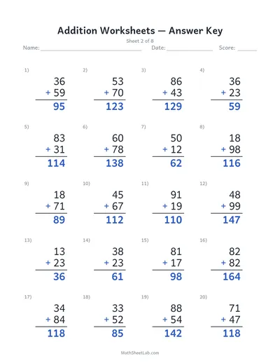 Addition worksheets — Sheet 2 answers