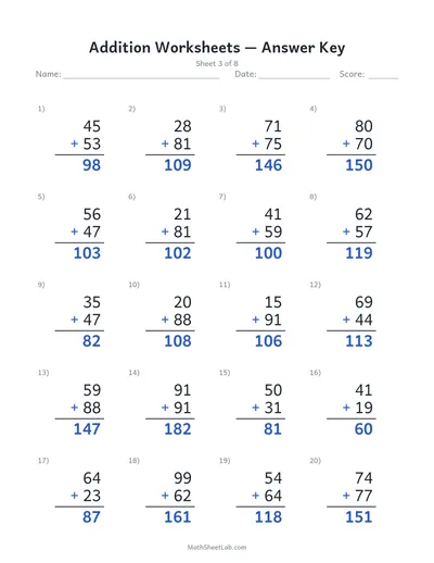 Addition worksheets — Sheet 3 answers