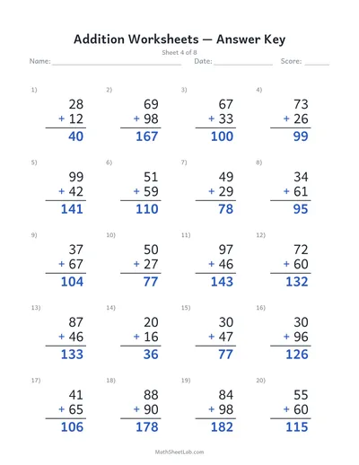 Addition worksheets — Sheet 4 answers