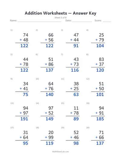 Addition worksheets — Sheet 5 answers