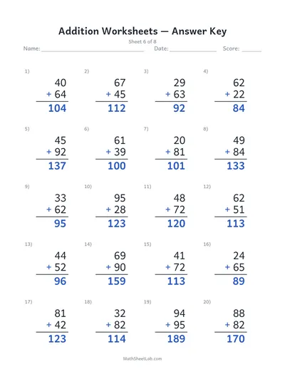 Addition worksheets — Sheet 6 answers