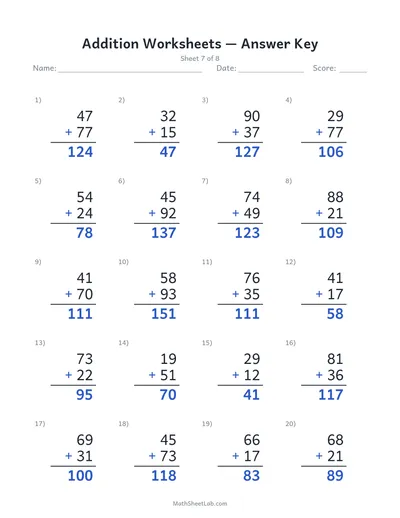 Addition worksheets — Sheet 7 answers