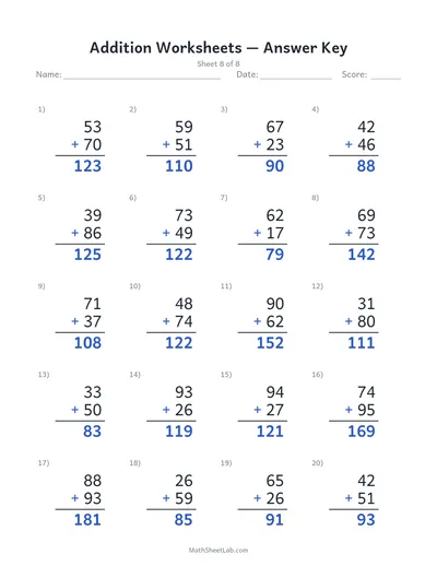 Addition worksheets — Sheet 8 answers