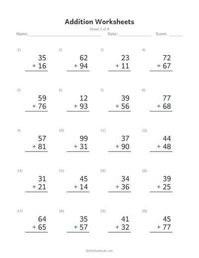 Addition worksheets — Sheet 1