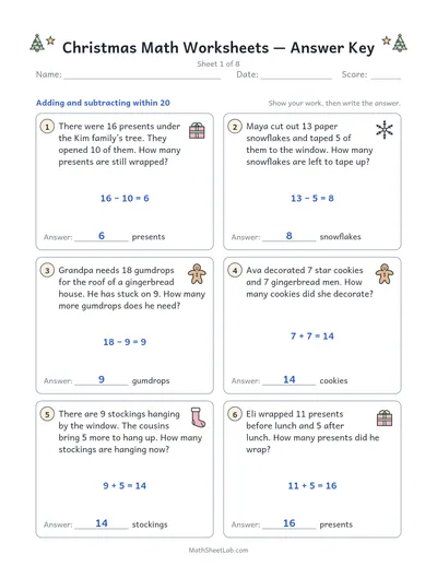 Christmas math worksheets — Sheet 1 answers