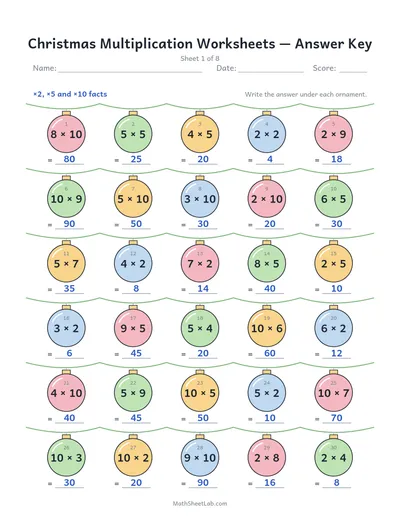 Christmas multiplication worksheets — Sheet 1 answers